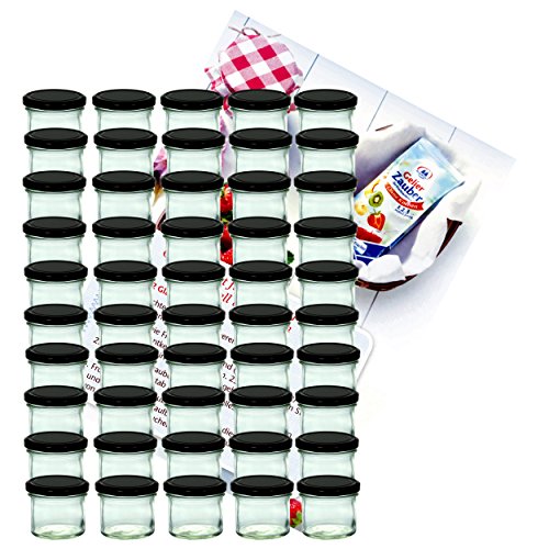 MamboCat 50er Set Sturzglas 125 ml Marmeladenglas Einmachglas Einweckglas to 66 schwarzer Deckel incl. Diamant-Zucker Gelierzauber Rezeptheft von MamboCat