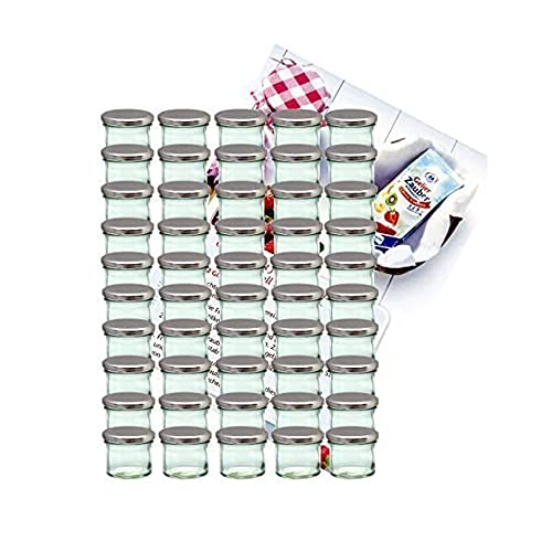 MamboCat 50er Set Sturzglas 125 ml Marmeladenglas Einmachglas Einweckglas to 66 silberner Deckel incl. Diamant-Zucker Gelierzauber Rezeptheft von MamboCat