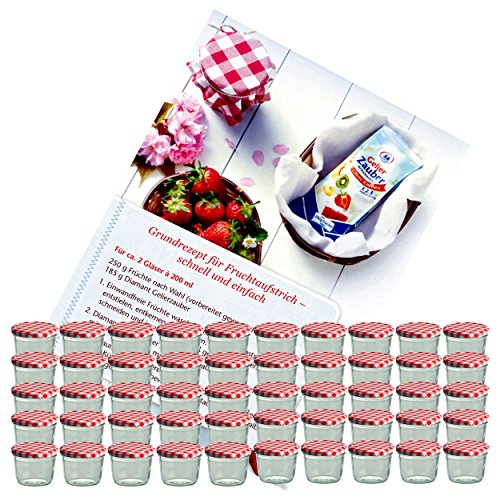 MamboCat 50er Set Sturzglas 230 ml Marmeladenglas Einmachglas Einweckglas to 82 rot Karierter Deckel incl. Diamant-Zucker Gelierzauber Rezeptheft von MamboCat