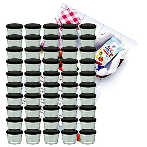 MamboCat 50er Set Sturzglas 230 ml Marmeladenglas Einmachglas Einweckglas to 82 schwarzer Deckel incl. Diamant-Zucker Gelierzauber Rezeptheft von MamboCat