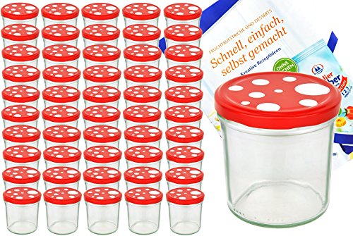 MamboCat 50er Set Sturzglas 350 ml to 82 Fliegenpilz Deckel rot weiß gepunktet incl. Diamant Gelierzauber Rezeptheft Marmeladenglas Einmachglas Einweckglas von MamboCat