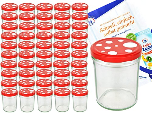 MamboCat Einmachgläser 50er Set Marmeladenglas Sturzglas + Deckel I robuste Einweckgläser 435ml + Twist Off Deckel Ø 82mm rot weiß gepunktet I Klarglas Rund Glas & Diamant Gelierzauber Rezeptheft von MamboCat