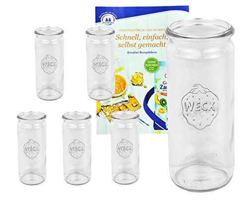 6er Set Original WECK 1/2-Liter Zylinderglas, Rundrandglas RR60 + Rezeptheft, 600 ml, längliches Einmachglas, Bonbonglas, Einweckglas, Einlegen + Einkochen + Konservieren in glasklaren Weckgläsern von MamboCat