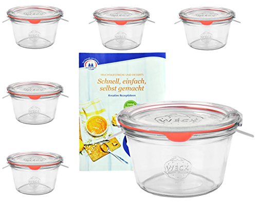 MamboCat 6er Set Weck Gläser 370ml 1/4 Liter Sturzgläser mit 6 Glasdeckeln, 6 Einkochringen und 12 Klammern mit Diamant-Zucker Gelierzauber Rezeptheft I Original Weck Sturzgläser für Kuchen Gelees von MamboCat