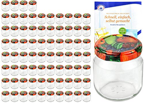 MamboCat 75er Set Rundgläser 212 ml nieder Deckelfarbe Obst Dekor to 66 inkl. Diamant Gelierzauber Rezeptheft, Marmeladengläser, Einmachgläser, Einweckgläser, Gläser von MamboCat