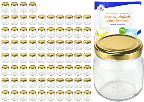 MamboCat 75er Set Rundgläser 212 ml nieder Deckelfarbe Gold to 66 inkl. Diamant Gelierzauber Rezeptheft, Marmeladengläser, Einmachgläser, Einweckgläser, Gläser von MamboCat