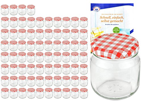 MamboCat 75er Set Rundgläser 212 ml nieder Deckelfarbe rot weiß kariert to 66 inkl. Diamant Gelierzauber Rezeptheft, Marmeladengläser, Einmachgläser, Einweckgläser, Gläser von MamboCat