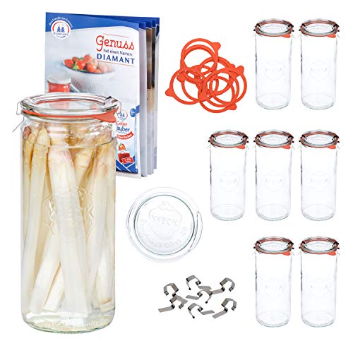 8er WECK Einkoch-Set | 8 Zylindergläser klar, 1.040 ml + 8 Glas-Deckel RR80 + 8 Einkochringe + 16 Einweck-Klammern + gratis Rezeptheft | Einmach-Zubehör von MamboCat