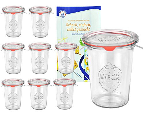 9er Set Original WECK 3/4-Liter Sturzglas, 850 ml, Rundrandglas RR100 + Glasdeckel + Dichtring + Weck-Klammern + GRATIS Rezeptheft, Einmachglas, Einkoch-Set, Einlegen, Einwecken + Konservieren, Glas von MamboCat