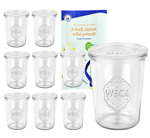 9er Set Original WECK 3/4-Liter Sturzglas, 850 ml, Rundrandglas RR100 + Glasdeckel + GRATIS Rezeptheft, Einmachglas, Einweckglas, Einlegen + Einkochen + Konservieren in glasklaren Weckgläsern von MamboCat