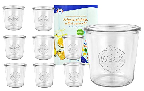 MamboCat 9er Set Weckgläser Sturzglas 580 ml I Original Weck Sturzglas Dessertglas I Einweckgläser für Kuchen Gelees uvm I Sturzgläser ohne Deckel inkl. Diamant-Zucker Gelierzauber Rezeptheft von MamboCat