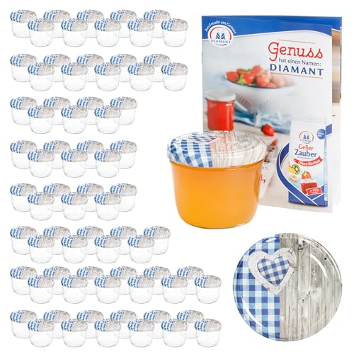MamboCat 100er 230 ml Sturzglas-Set | Einmachgläser + Twist-Off-Deckel Holz-Herz blaukariert + GRATIS Rezeptheft | einkochen & konservieren | backofengeeignet von MamboCat