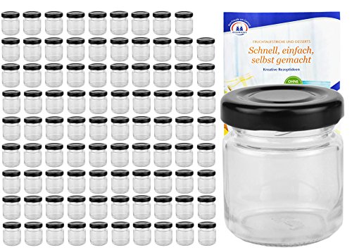 MamboCat 100er Set Rundgläser 53 ml Deckelfarbe schwarz to 43 inkl. Diamant Gelierzauber Rezeptheft, Einmachgläser, Einkochgläser, Vorratsgläser, Mini Sturzgläser, Obstgläser, Portionsgläser, Gläser von MamboCat