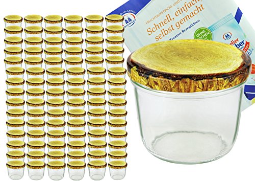 MamboCat 100er Set Sturzglas, 230 ml mit to 82, Deckel mit Holz-Dekor, Einmachglas, Einweckglas inkl. Diamant-Zucker Gelierzauber Rezeptheft von MamboCat