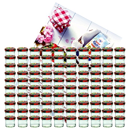 MamboCat 100er Set Sturzglas 125 ml Marmeladenglas Einmachglas Einweckglas to 66 Obst Dekor Deckel incl. Diamant-Zucker Gelierzauber Rezeptheft von MamboCat