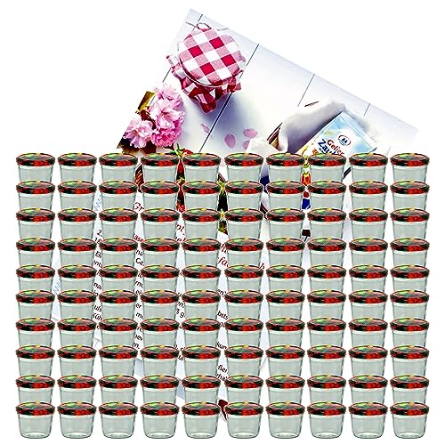 MamboCat 100er Set Sturzglas 230 ml Marmeladenglas Einmachglas Einweckglas To 82 Obst Dekor Deckel incl. Diamant-Zucker Gelierzauber Rezeptheft von MamboCat