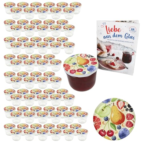 MamboCat 100er Set Sturzglas 230 ml mit Schraub-Deckel Comic-Obst I Einmachgläser + to 82 Deckel mit Diamant-Zucker-Rezept I Vorratsgläser einkochen & konservieren von MamboCat