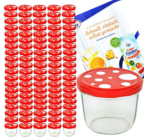 MamboCat 100er Set Sturzglas 230 ml to 82 Fliegenpilz Deckel rot weiß gepunktet incl. Diamant Gelierzauber Rezeptheft Marmeladenglas Einmachglas Einweckglas von MamboCat