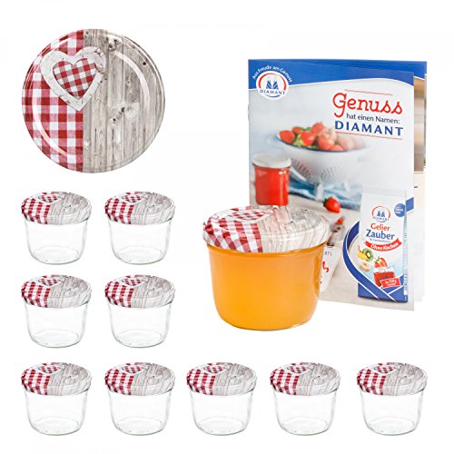 MamboCat 10er 230 ml Sturzglas-Set | Einmachgläser + Twist-Off-Deckel Holz-Herz rotkariert + GRATIS Rezeptheft | einkochen & konservieren | backofengeeignet von MamboCat