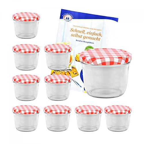 MamboCat 10er Set Sturzgläser 230 ml mit rot weiß kariertem Deckel to 82 inkl. Diamant Gelierzauber Rezeptheft Marmeladengläser Einmachgläser Einweckgläser von MamboCat