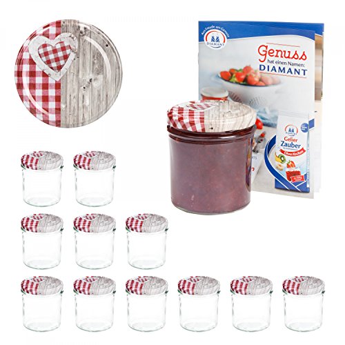 MamboCat 12er 350 ml Sturzglas-Set | Einmachgläser + Twist-Off-Deckel Holz-Herz rotkariert + GRATIS Rezeptheft | einkochen & konservieren | Vorratsgläser | backofengeeignet von MamboCat