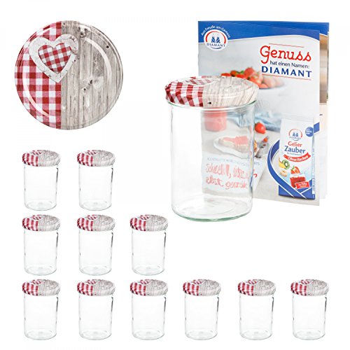 MamboCat 12er 435 ml Sturzglas-Set | Einmachgläser + Twist-Off-Deckel Holz-Herz rotkariert + GRATIS Rezeptheft | einkochen & konservieren | backofengeeignet von MamboCat