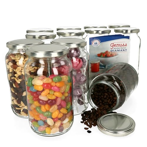 12er Set Einmachglas 1062 ml I Deckel in Silber I Twist-Off to 82 I Rund- / Einkochgläser I Vorratsglas I + GRATIS Rezeptheft I Glasbehälter zur Aufbewahrung von MamboCat