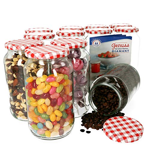 MamboCat 12er Set Einmachglas 1062 ml I Rundgläser Einkochgläser mit Schraubdeckel I Twist Off to 82 I Aufbewahrungsgläser mit Deckel Rot Weiß Kariert I inkl. Rezeptheft von MamboCat