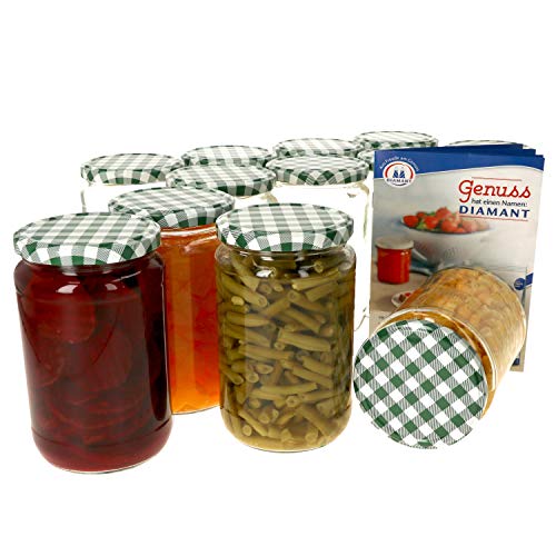 MamboCat 12er Set Einmachglas 720 ml I Rundgläser Einkochgläser mit Schraubdeckel I Twist Off to 82 I Aufbewahrungsgläser mit Deckel Grün Weiß Kariert I inkl. Rezeptheft von MamboCat