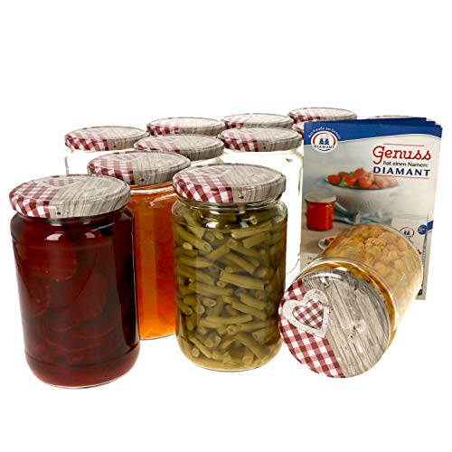 MamboCat 12er Set Einmachglas 720 ml I Rundgläser Einkochgläser mit Schraubdeckel I Twist Off to 82 I Aufbewahrungsgläser mit Deckel mit Holz Herz Rot-Dekor I inkl. Rezeptheft von MamboCat