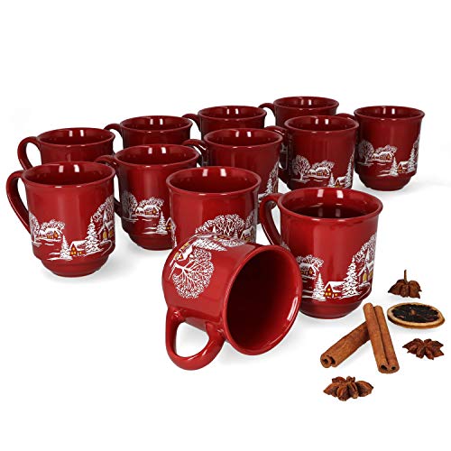 MamboCat 12er Set Glühweinbecher 0,2L mit Eichstrich I klassische Weihnachtsmarkt Tasse mit Wintermotiv I Glühweintassen mit Henkel I Profi Gastronomiebedarf Feuerzangenbowle Becher aus Keramik rot von MamboCat