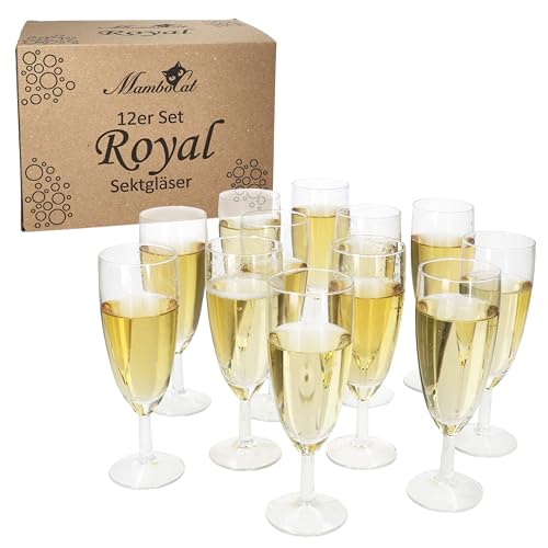 MamboCat 12er Set Royal Sektgläser I 140ml, Höhe 16cm I modernes klares Sektglas mit Fuß I Sektflöte für Prosecco, Champagner & Co I transparente Gläser für Hochzeit, Partys, Geburtstage von MamboCat