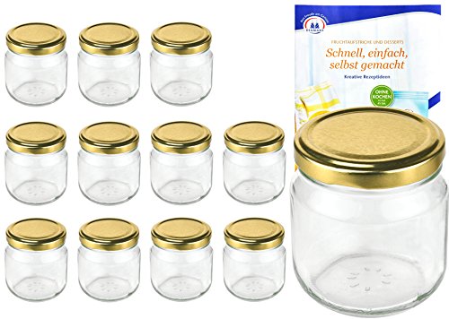 MamboCat 12er Set Rundgläser 212 ml nieder Deckelfarbe Gold to 66 inkl. Diamant Gelierzauber Rezeptheft, Marmeladengläser, Einmachgläser, Einweckgläser, Gläser von MamboCat