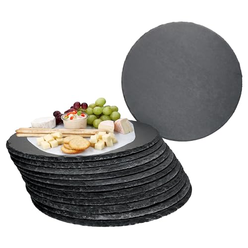 MamboCat 12er Set Schieferplatte rund I Ø 30 cm I Servierplatten Schwarz I Sushi Platte mit rustikaler Bruchkante I ideal für Pizza oder als Käse-, Wurst- oder Vorspeisenplatte von MamboCat