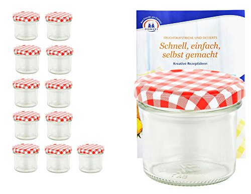 MamboCat 12er Set Sturzgläser 125 ml mit rot-kariertem Deckel to 66 inkl. Diamant Gelierzauber Rezeptheft Marmeladengläser Einmachgläser Einweckgläser von MamboCat
