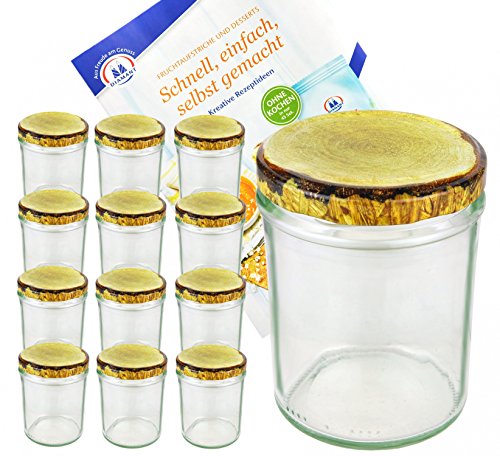 12er Set Sturzglas, 435 ml mit to 82, Deckel mit Holz-Dekor, Einmachglas, Einweckglas inkl. Diamant-Zucker Gelierzauber Rezeptheft von MamboCat