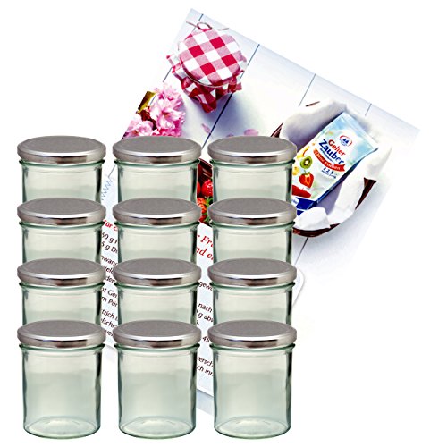 MamboCat 12er Set Sturzglas 350 ml Marmeladenglas Einmachglas Einweckglas to 82 silberner Deckel incl. Diamant-Zucker Gelierzauber Rezeptheft von MamboCat