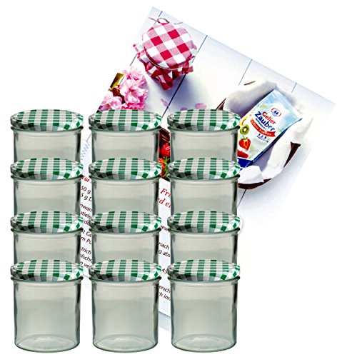 MamboCat 12er Set Sturzglas 350 ml Marmeladenglas Einmachglas Einweckglas to 82 grün Karierter Deckel incl. Diamant-Zucker Gelierzauber Rezeptheft von MamboCat