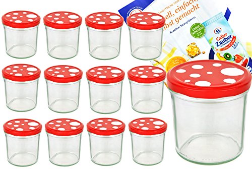 MamboCat 12er Set Sturzglas 350 ml to 82 Fliegenpilz Deckel rot weiß gepunktet incl. Diamant Gelierzauber Rezeptheft Marmeladenglas Einmachglas Einweckglas von MamboCat