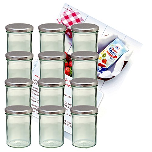 MamboCat 12er Set Sturzglas 435 ml Marmeladenglas Einmachglas Einweckglas to 82 silberner Deckel incl. Diamant-Zucker Gelierzauber Rezeptheft von MamboCat
