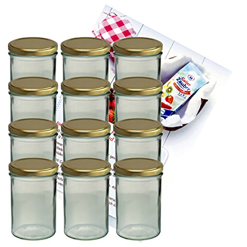 MamboCat 12er Set Sturzglas 435 ml Marmeladenglas Einmachglas Einweckglas to 82 Goldener Deckel incl. Diamant-Zucker Gelierzauber Rezeptheft von MamboCat