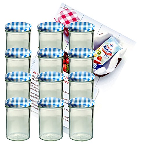 MamboCat 12er Set Sturzglas 435 ml Marmeladenglas Einmachglas Einweckglas to 82 blau Karierter Deckel incl. Diamant-Zucker Gelierzauber Rezeptheft von MamboCat