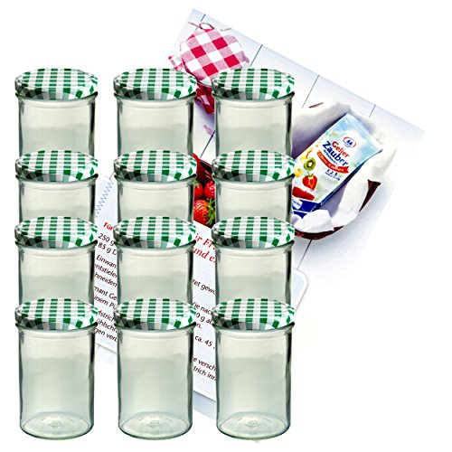 MamboCat 12er Set Sturzglas 435 ml Marmeladenglas Einmachglas Einweckglas to 82 grün Karierter Deckel incl. Diamant-Zucker Gelierzauber Rezeptheft von MamboCat