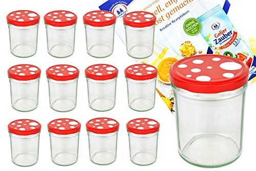 MamboCat 12er Set Sturzglas 435 ml to 82 Fliegenpilz Deckel rot weiß gepunktet incl. Diamant Gelierzauber Rezeptheft Marmeladenglas Einmachglas Einweckglas von MamboCat