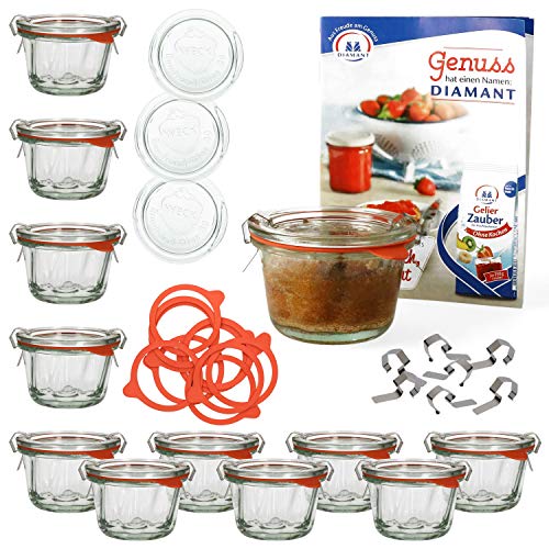 MamboCat 12er Set Weck Gugelhupf-Glas 165 ml I Weck-Gläser mit Deckel Einkochring Klammern I Original Weck Gugelhupfform Glas I Einweckgläser Set inkl. Diamant-Zucker Gelierzauber Rezeptheft von MamboCat