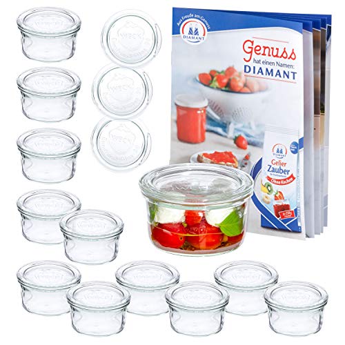 12er Set WECK-Sturzgläser 165 ml + 12 Glas-Deckel RR80 + Rezeptheft | Pasteteten-Gläschen klar | Ø 88 mm | Einmachen, Einkochen & Konservieren | Einweck-Zubehör von MamboCat