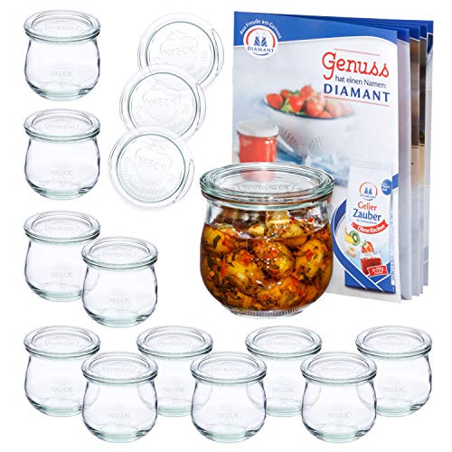 12er Set WECK-Tulpenglas 370 ml + 12 Glas-Deckel RR80 + Rezeptheft | Marmeladen-Gläschen klar | Ø 9 cm | Einmachen, Einkochen & Konservieren | Einweck-Zubehör von MamboCat