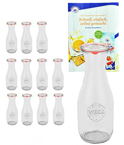 MamboCat 12er Set Weck Gläser 1062ml 1 Liter Saftflasche mit 12 Glasdeckeln, 12 Einkochringen und 24 Klammern inkl. Gelierzauber Rezeptheft I Weck Glasflasche Einweckflaschen für Säfte Saucen Öle von MamboCat