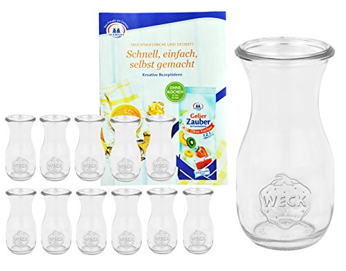 MamboCat 12er Set Weckgläser Saftflaschen 290 ml I Original Weck Glasflasche I Einweckflaschen für Säfte Saucen Öle uvm I Weck Flaschen ohne Deckel inkl. Diamant-Zucker Gelierzauber Rezeptheft von MamboCat