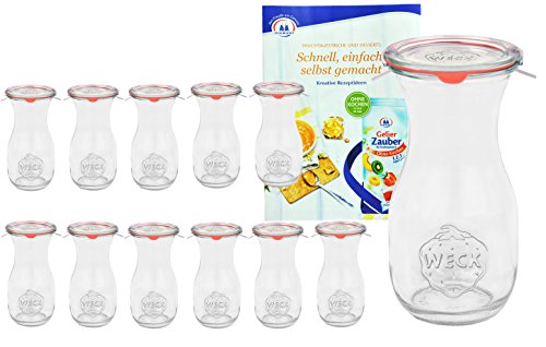 Weck MamboCat 12er Set Weckgläser 290 ml Saftflaschen mit Deckel Einkochring Klammern I Original Glasflasche Einweckflaschen für Säfte Saucen Öle UVM I inkl. Diamant-Zucker Gelierzauber Rezeptheft von MamboCat